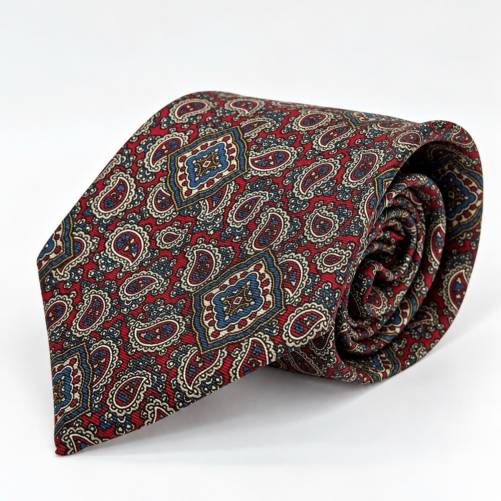 VTG 1980s Mallory & Church London Mens Silk Paisley Tie Burgundy Blue Made Italy